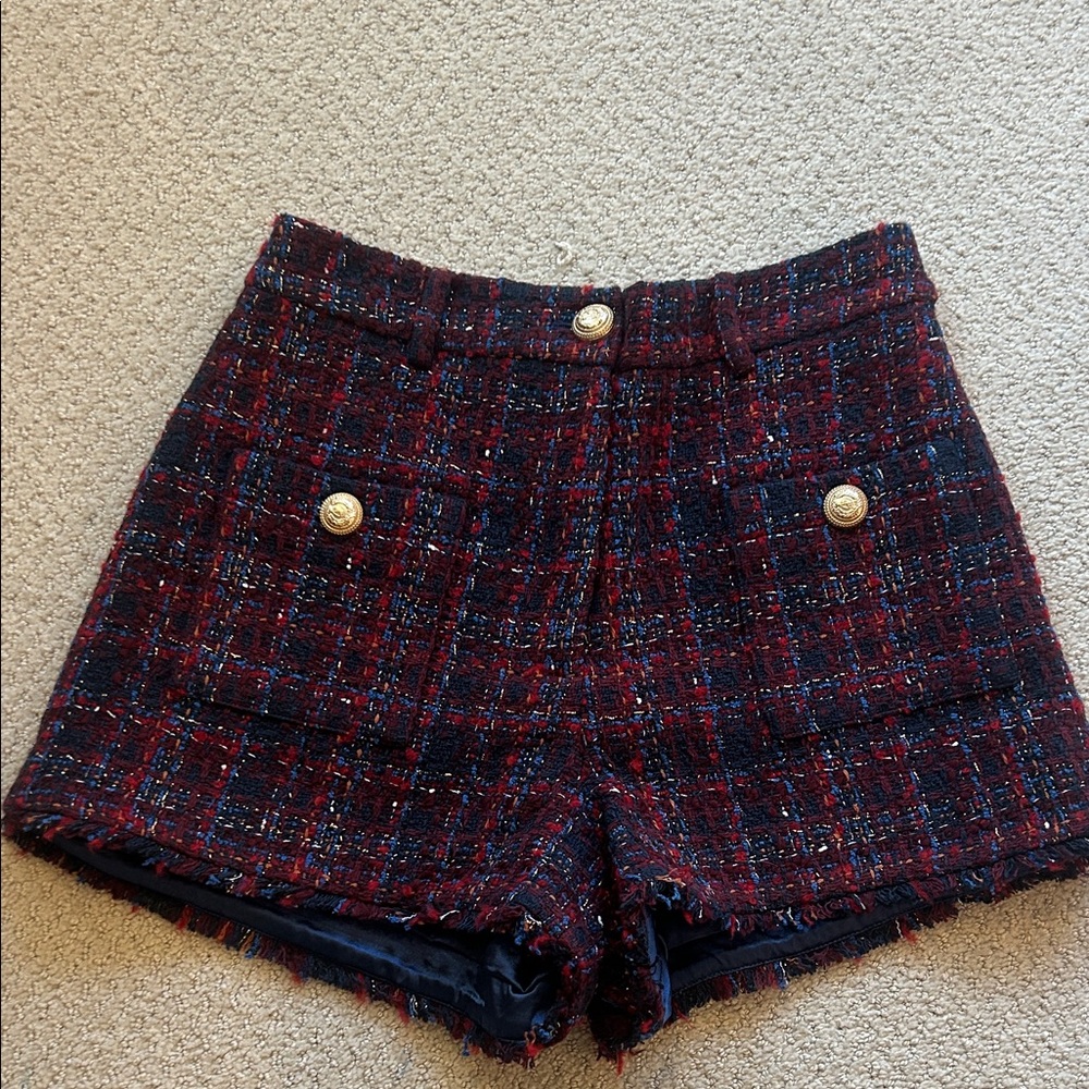 Generation Love High Waist Plaid Tweed Shorts - Red and Black